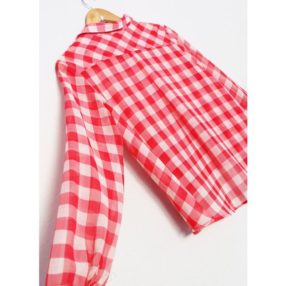 Free People Red Gingham Plaid Semi Sheer Flowy Button Front Shirt Size S Airy - Picture 13 of 15